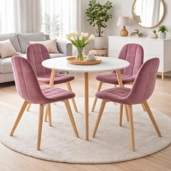 Scaun bucatarie/living, Artool, Bora, catifea roz inchis, picioare lemn natur, 44.5x54x81.5 cm