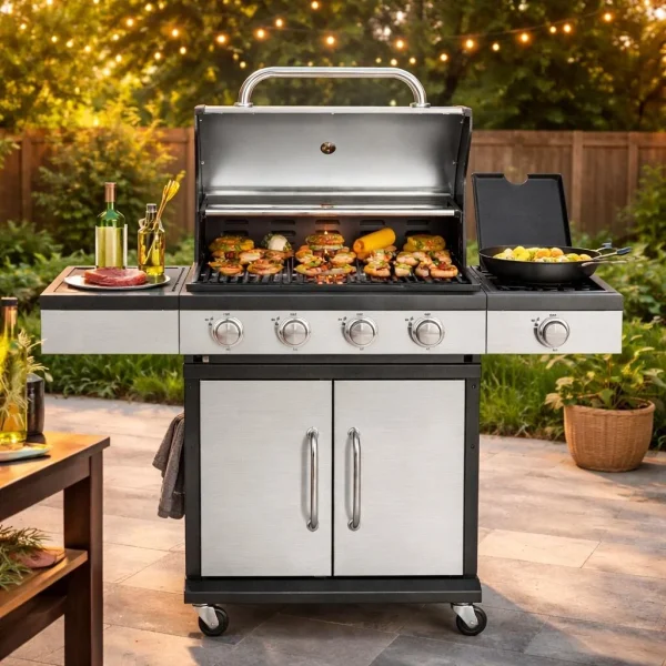 Gratar gradina, grill dreptunghiular, cu gaz, 4+1 arzatoare, cu roti, capac, 120x48x110 cm, BBQ Forbes 