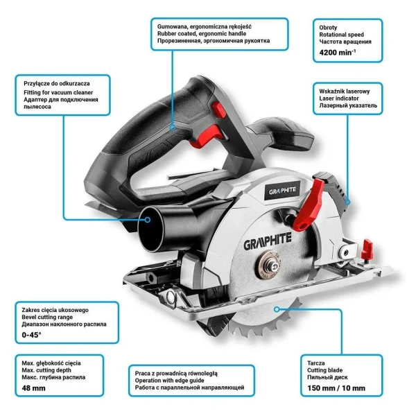 Fierastrau circular de mana, 18V Li-ion (acumulator neinclus), 150x10 mm, Graphite Energy