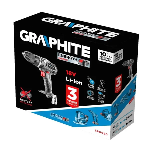 Masina de gaurit, insurubat (bormasina), cu percutie, cu 2 acumulatori 2 Ah, incarcator, 18 V Li-ion, geanta plastic, fara perii, mandrina 2-13 mm, Graphite Ene