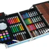 Set 145 piese pentru pictura, pentru copii sau adulti, pixuri de colorat, creioane colorate si vopsele de pictura, cu geanta de transport ALBASTRA, model AVX-WT