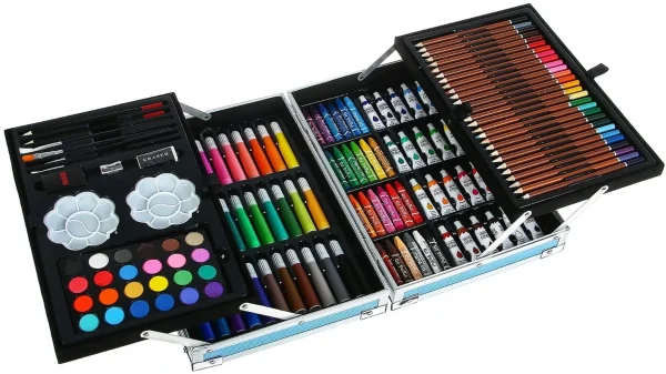 Set 145 piese pentru pictura, pentru copii sau adulti, pixuri de colorat, creioane colorate si vopsele de pictura, cu geanta de transport ALBASTRA, model AVX-WT