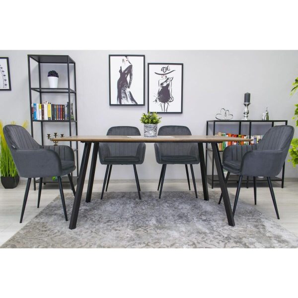 Scaun stil fotoliu bucatarie/living, Artool, Lugo, catifea gri, picioare metal negru, 57.5x56.5x86.5 cm