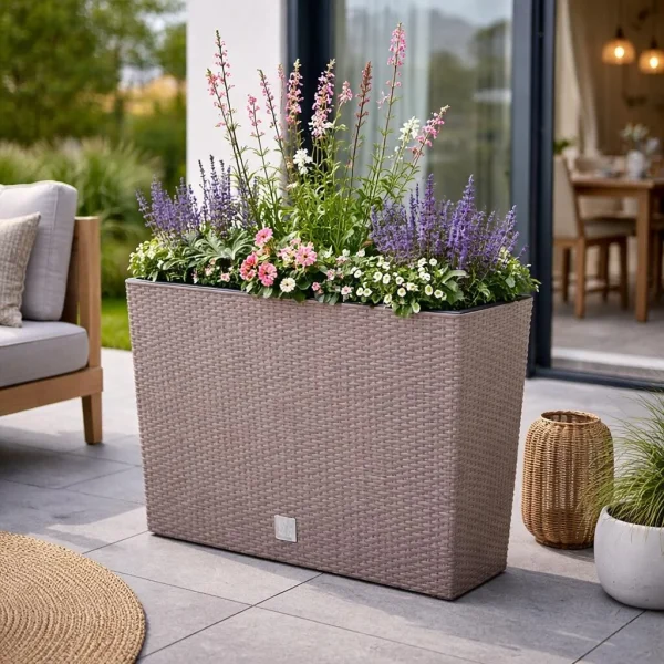 Jardiniera decorativa, imitatie ratan, cafeniu, 58x18x49.8 cm, Rato Case Old