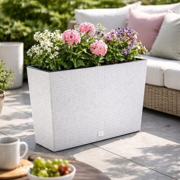 Jardiniera decorativa, imitatie ratan, alb, 58x18x49.8 cm, Rato Case Old