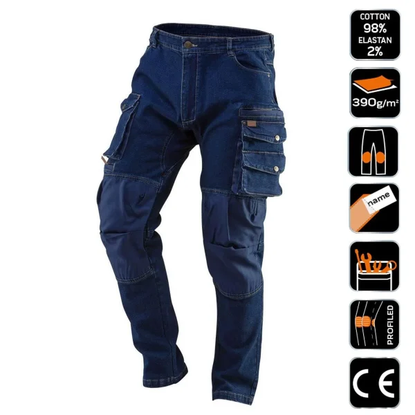 Pantaloni de lucru tip blugi, cu intariri pentru genunchi, model Denim, marimea M/50, NEO