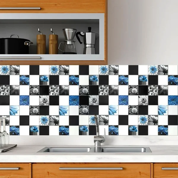 Panou decorativ, PVC, model floral, alb, negru si albastru, 96x48.5 cm