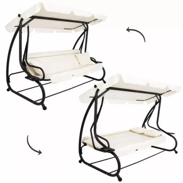 Balansoar gradina, Springos, 3 locuri, cu plasa insecte, crem, 220x120x160 cm, functie pat, max 280 kg