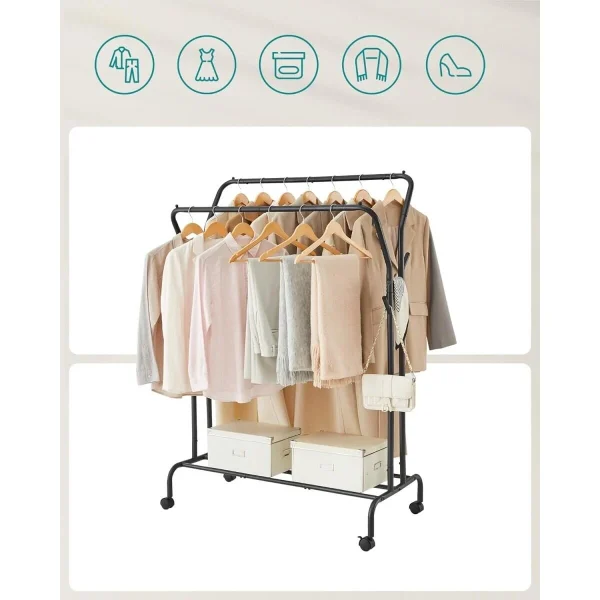 Suport mobil cu roti pentru haine, Artool, cu raft incaltaminte, otel, negru, max 100 kg, 103.5x52.5x155 cm