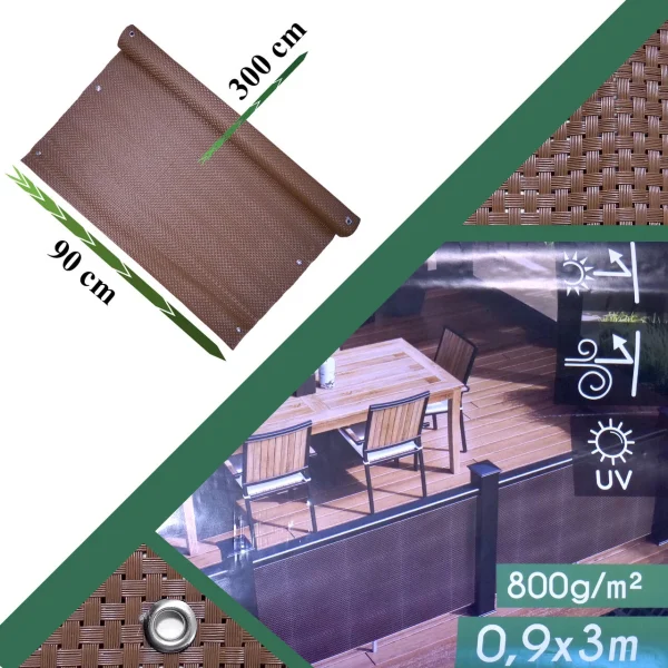 Paravan pentru balcon, terasa, gard, UV, 800 g/m2, maro, 3x0.9 m