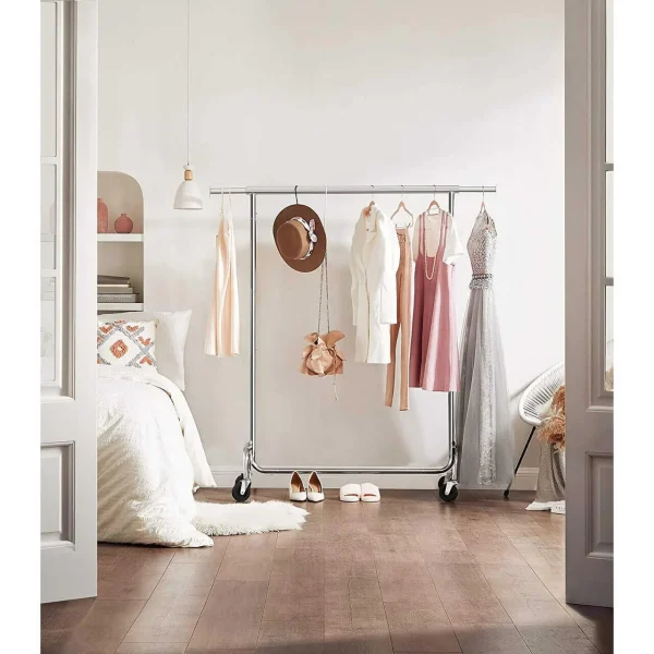 Suport mobil cu roti pentru haine, Songmics, reglabil, metal, argintiu, max 130 kg, 110x55x160 cm