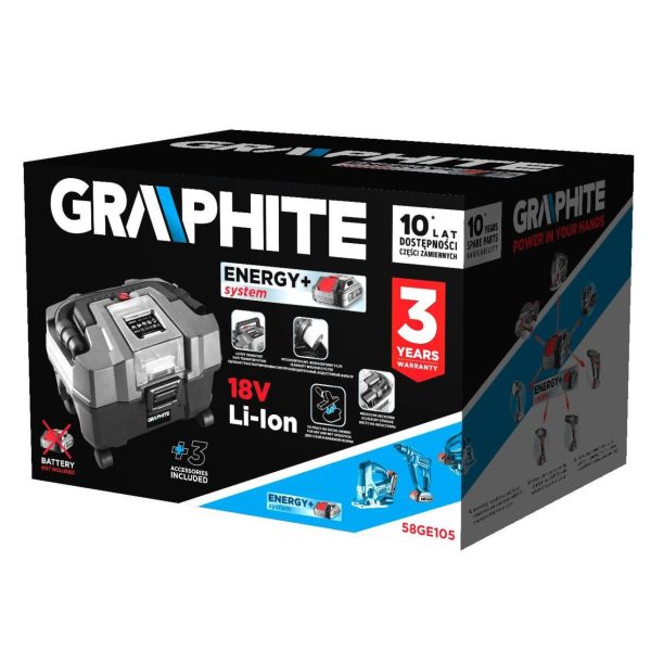 Aspirator de atelier, umed-uscat, 18V Li-ion (acumulator neinclus), functie suflare, cu accesorii, Graphite Energy