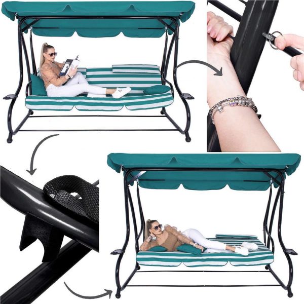 Balansoar gradina, Springos, 4 locuri, turcoaz, alb, 230x130x162 cm, functie pat, max 300 kg