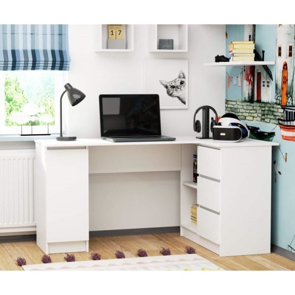 Birou calculator pe colt, placa laminata, 3 sertare, 4 rafturi, alb, 155x85x77 cm