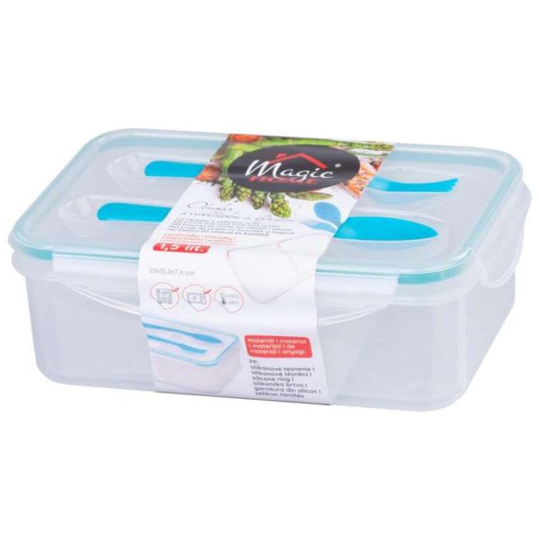Cutie/caserola alimente, plastic, etansa, albastru, 2 compartiment, cu lingura si furculita, 1.5 L, 22x15.2x7.6 cm, MagicHome