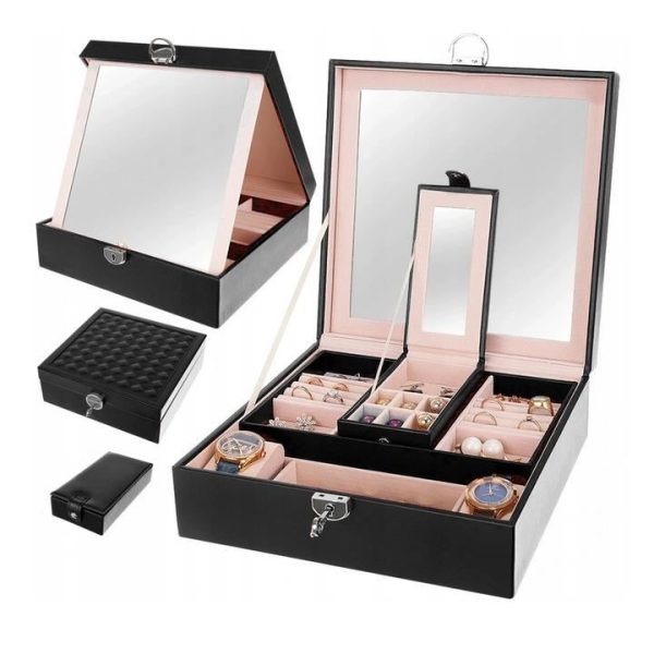 Cutie pentru bijuterii, cu oglinda, negru, 25.5x25.5x9 cm