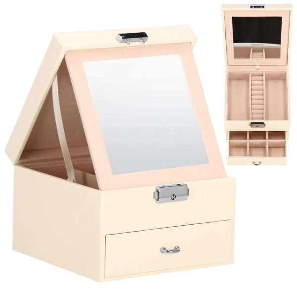 Cutie pentru bijuterii, catifea si piele ecologica, crem si roz, cu oglinda, 16x16x11 cm, Springos