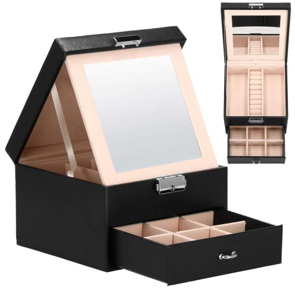 Cutie pentru bijuterii, catifea si piele ecologica, negru si roz, cu oglinda, 16x16x11 cm, Springos