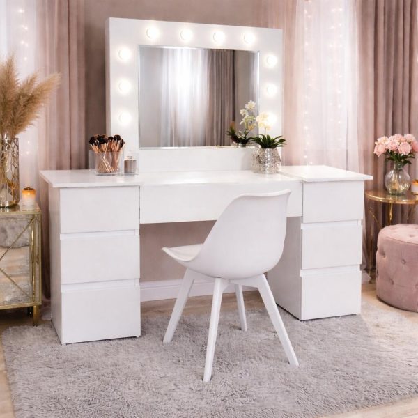 Masa de toaleta/machiaj, Antonia + scaun Mark, alb, cu oglinda si LED-uri, 155x42x135 cm