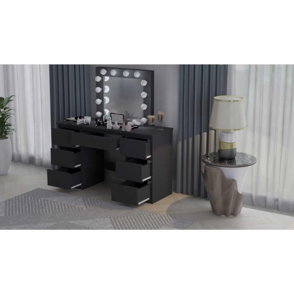 Masa de toaleta/machiaj, negru, cu oglinda si LED-uri, Vanessa130x43x143 cm