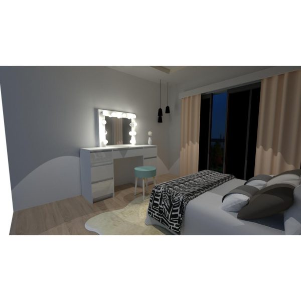 Masa de toaleta/machiaj, sertare alb lucios, cu oglinda si LED-uri, Vanessa, 130x43x143 cm