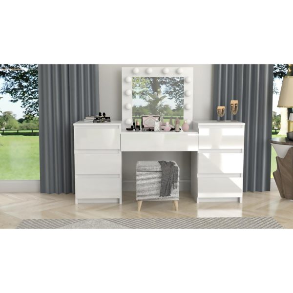 Masa de toaleta/machiaj, alba, sertare lucioase, cu oglinda si LED-uri, Silvia, 155x42x135 cm