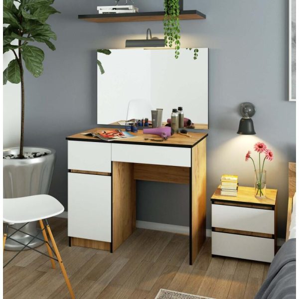 Masa de toaleta/machiaj, 2 sertare stanga, cu oglinda, dulap, alb si stejar, 90x50x77/142 cm