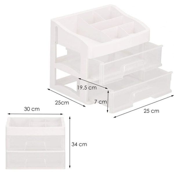 Organizator cosmetice, plastic, 3 niveluri, 2 sertare, alb, 30x25x34 cm, Springos