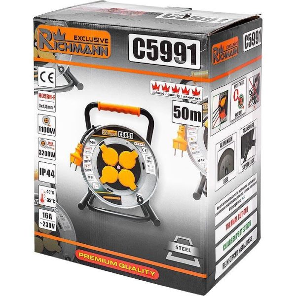 Prelungitor electric industrial, pe tambur, 16 A, 3x1.5 mm², IP44, 50 m, Richmann Exclusive