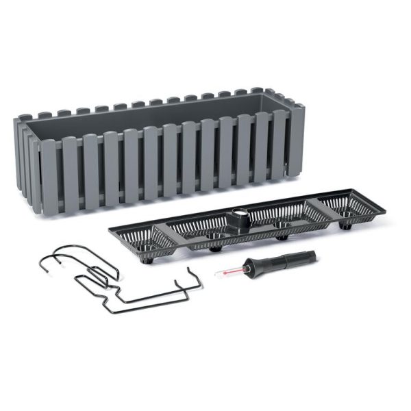 Set 3 jardiniere decorative cu suport metalic, sistem irigare,​​​​​​​ gri, 58x18x16.2 cm, Boardee Fencycase W