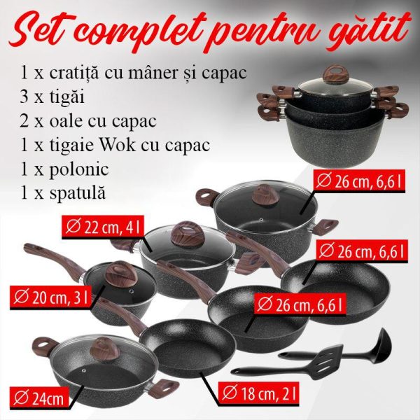 Set oale cu capac, tigai, ustensile pentru gatit, aluminiu, 13 piese, Black Marble Line, Magic Home