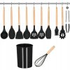 Set ustensile bucatarie, silicon si bambus, negru, 12 piese, Springos
