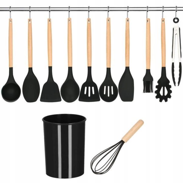 Set ustensile bucatarie, silicon si bambus, negru, 12 piese, Springos