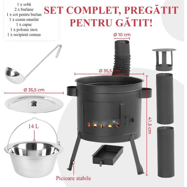 Soba cu ceaun, burlane, 36 cm, ceaun de 14 L, polonic, Strend Pro