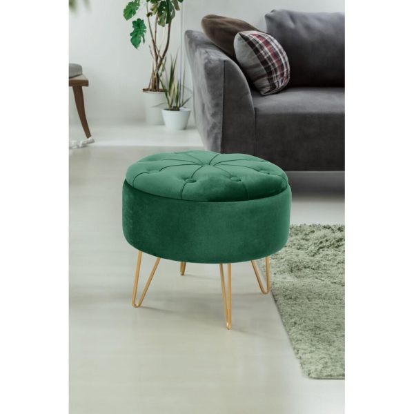 Taburet, rotund, cu spatiu depozitare, catifea, verde, max 80 kg, 38x30 cm, Caro, Akord