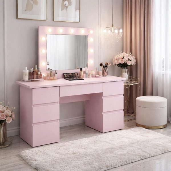 Masa de toaleta/machiaj, Vanessa, roz, cu oglinda si LED-uri, 130x43x143 cm