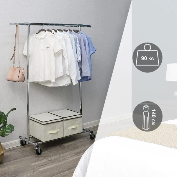 Suport mobil cu roti pentru haine, Songmics, reglabil, metal, argintiu, max 90 kg, 92x45.4x160 cm