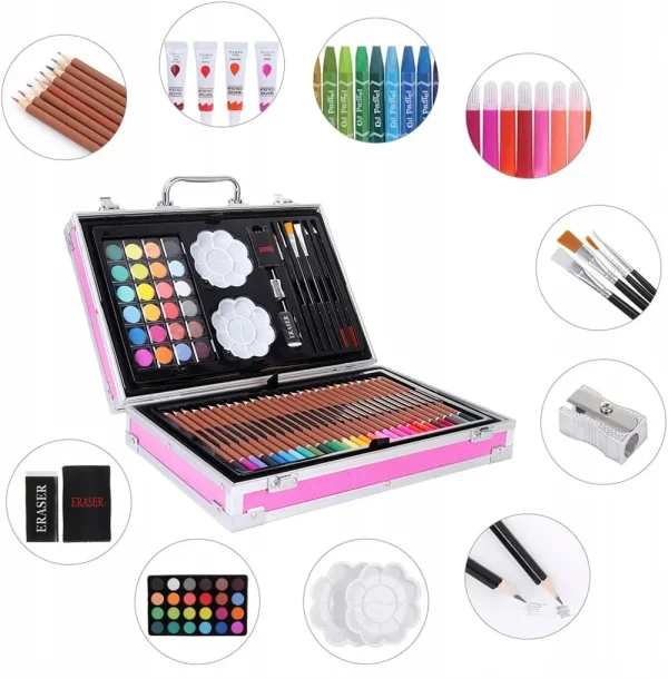 Set 145 piese pentru pictura, pentru copii sau adulti, pixuri de colorat, creioane colorate si vopsele de pictura, cu geanta de transport ROZ, model AVX-WT-BLAK