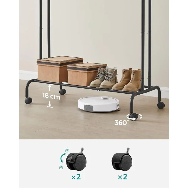 Suport mobil cu roti pentru haine, Artool, cu raft incaltaminte, otel, negru, max 100 kg, 103.5x52.5x155 cm