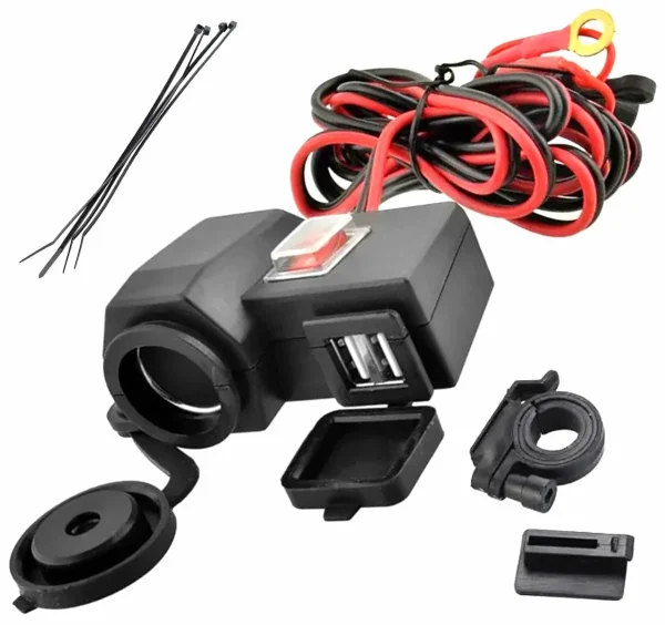 Priza de bricheta suplimentara, waterproof, 12V, 10A, cu 2 porturi incarcare USB, 5V, 2,1A, cu destinatie Moto, ATV, SSV, Quad, Off-Road