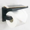 Suport pentru hartie igienica cu raft suplimentar, din otel, culoare neagra cu brat auriu