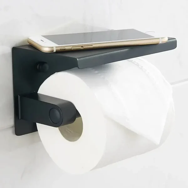 Suport pentru hartie igienica cu raft suplimentar, din otel, culoare neagra cu brat auriu