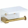 Suport pentru hartie igienica cu raft suplimentar, din otel, culoare alba cu brat auriu