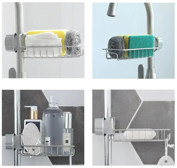 Raft organizator universal pentru bucatarie sau baie, montaj pe robinet, material otel, culoare Argintiu