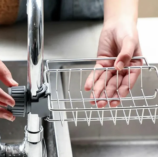 Raft organizator universal pentru bucatarie sau baie, montaj pe robinet, material otel, culoare Argintiu