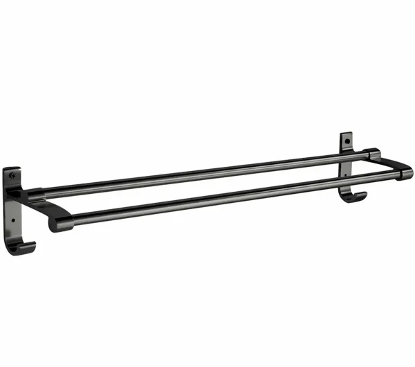 Suport din aluminiu pentru 2 prosoape + 2 cuiere, lungime 60 cm, culoare Neagra