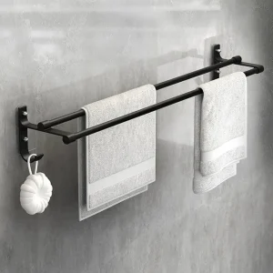 Suport din aluminiu pentru 2 prosoape + 2 cuiere, lungime 60 cm, culoare Neagra