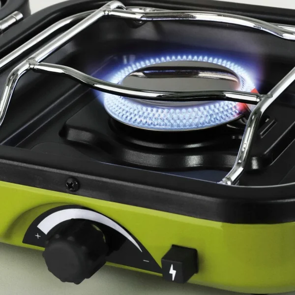 Aragaz camping, portabil, Meva, 2 in 1, doua arzatoare, cu plita, pentru doza de gaz de 230/450 g