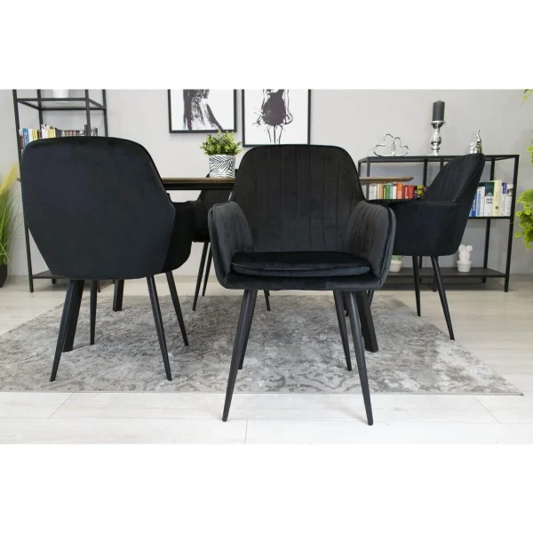 Scaun stil fotoliu bucatarie/living, Artool, Lugo, catifea neagra, picioare metal negru, 57.5x56.5x86.5 cm