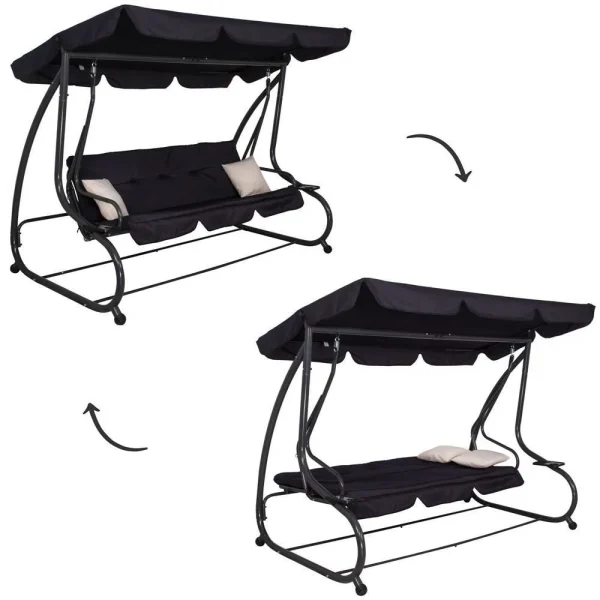 Balansoar gradina, 4 locuri, negru, 220x120x162 cm, functie pat, Linda